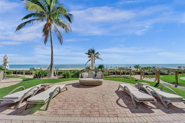 view of patio / terrace featuring a water view