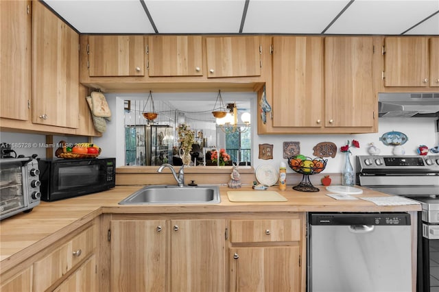 kitchen with range hood, appliances with stainless steel finishes, and sink