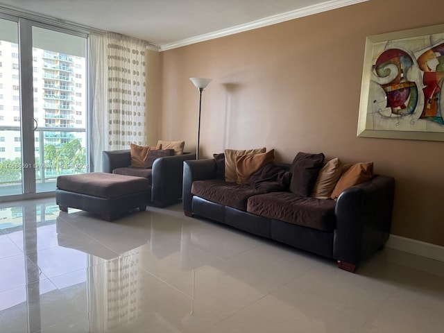 tiled living room with ornamental molding