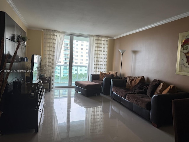 tiled living room featuring ornamental molding