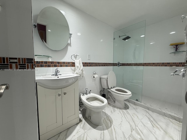 bathroom featuring a shower with shower door, toilet, tile walls, vanity, and a bidet