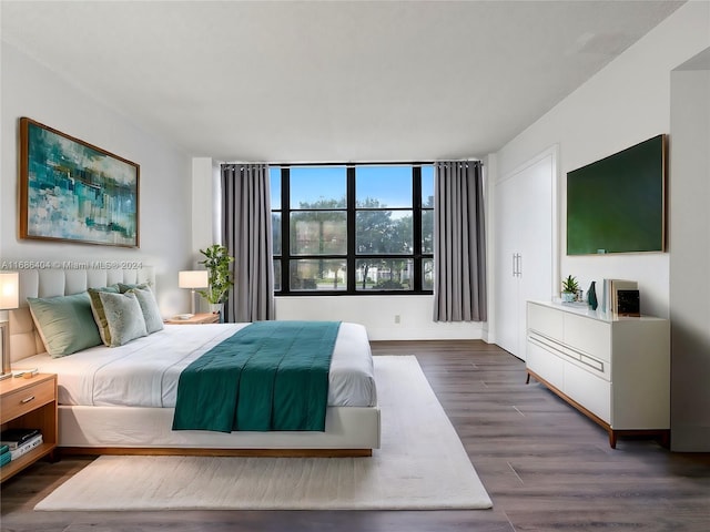 bedroom with dark hardwood / wood-style flooring