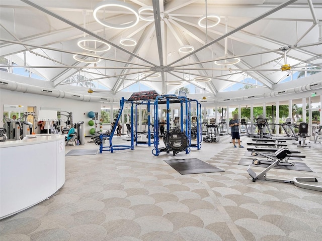 gym featuring carpet flooring and high vaulted ceiling