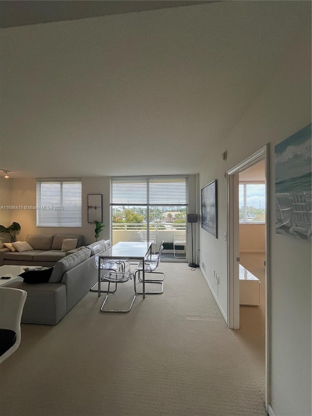 living area with a healthy amount of sunlight, baseboards, and light colored carpet