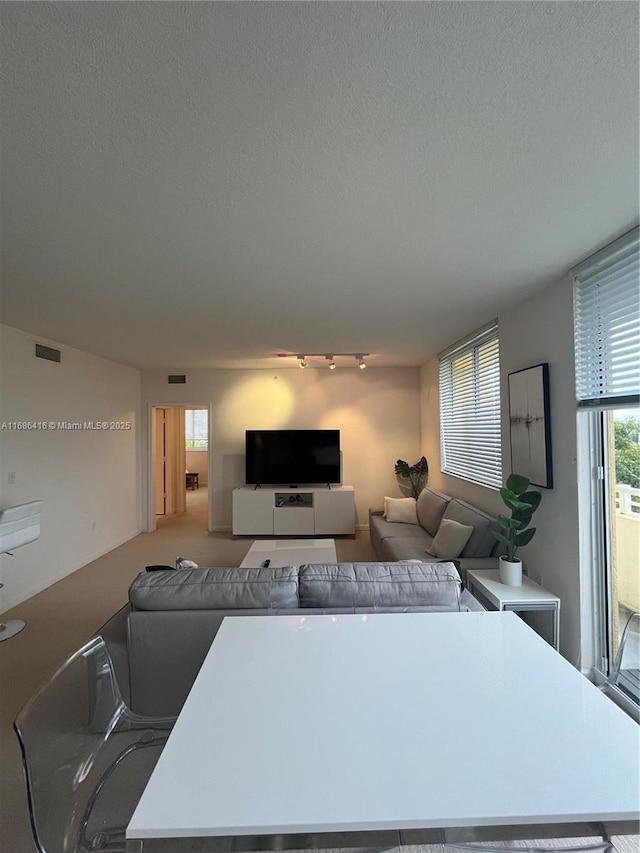 living area with plenty of natural light, visible vents, and a textured ceiling