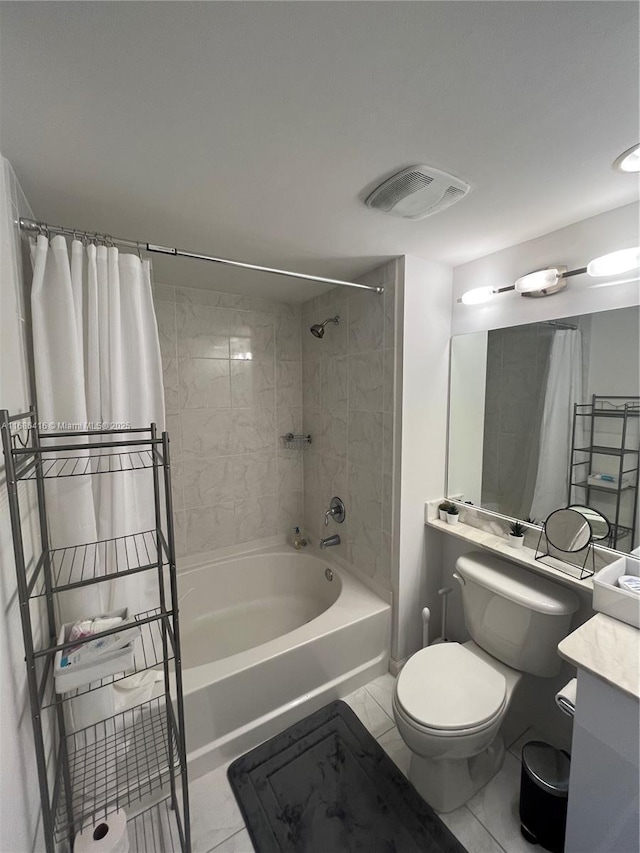 full bathroom featuring toilet, vanity, shower / bath combination with curtain, and visible vents