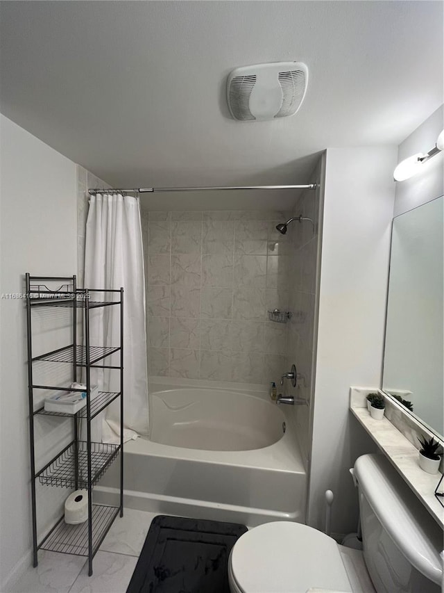 full bath with marble finish floor, visible vents, toilet, and shower / bath combo with shower curtain