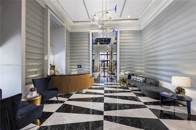 reception area featuring an inviting chandelier