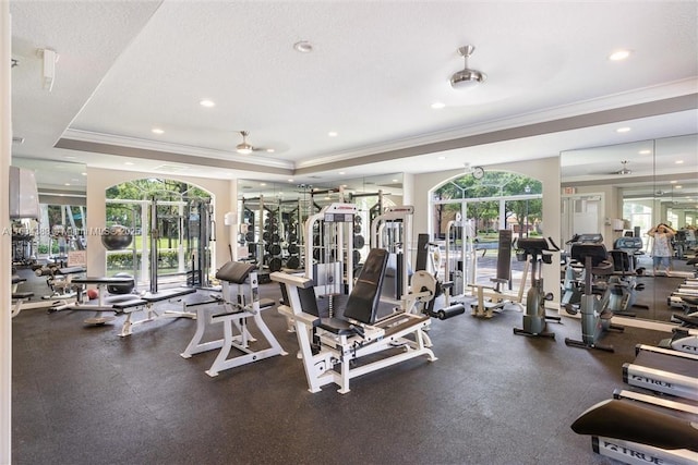 4795 S Classical Blvd, Delray Beach, FL 33445 - gym featuring a tray ceiling, plenty of natural light, ornamental molding, and recessed lighting