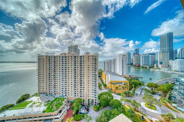 drone / aerial view with a water view