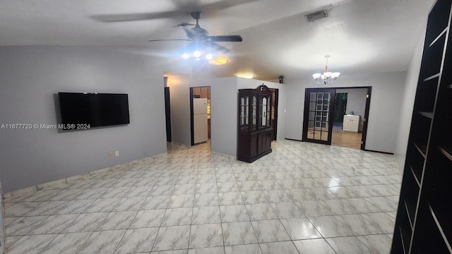 living room with ceiling fan with notable chandelier