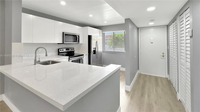 kitchen with kitchen peninsula, white cabinetry, light wood-type flooring, sink, and stainless steel appliances