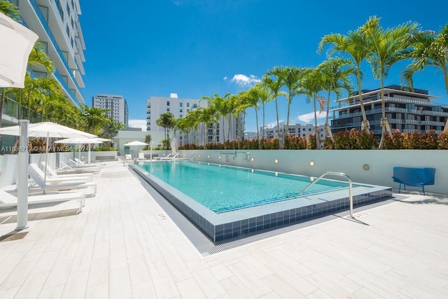 view of swimming pool featuring a patio area