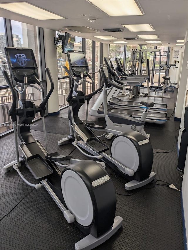 exercise room featuring a wall of windows