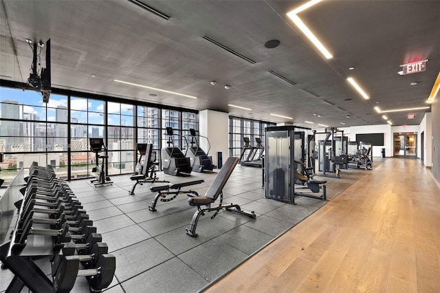 gym featuring wood-type flooring and floor to ceiling windows