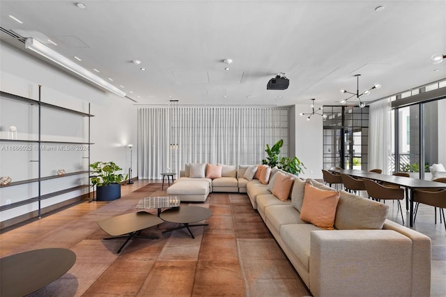 living room featuring an inviting chandelier