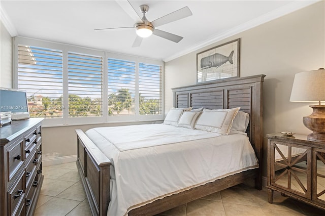 tiled bedroom featuring crown molding, multiple windows, and ceiling fan