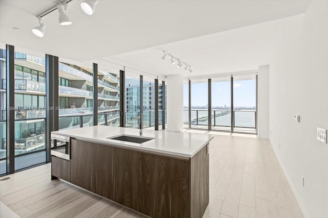 kitchen featuring light wood-type flooring, dark brown cabinetry, a water view, track lighting, and a center island with sink