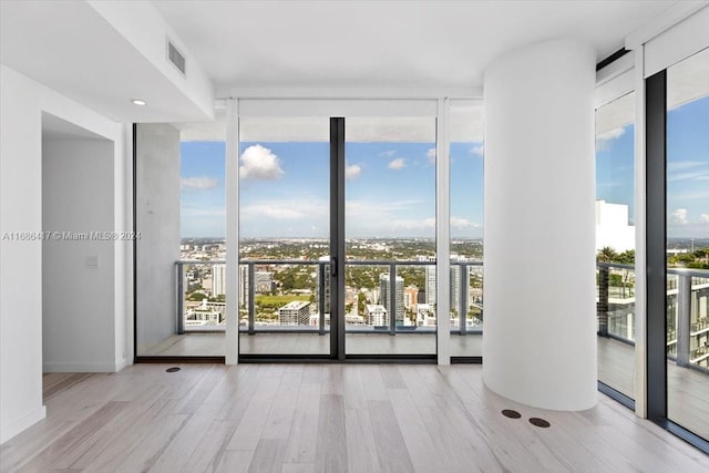 empty room featuring expansive windows and light wood-type flooring