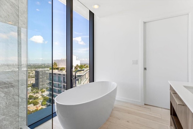 bathroom with a wealth of natural light, vanity, wood-type flooring, and a tub to relax in