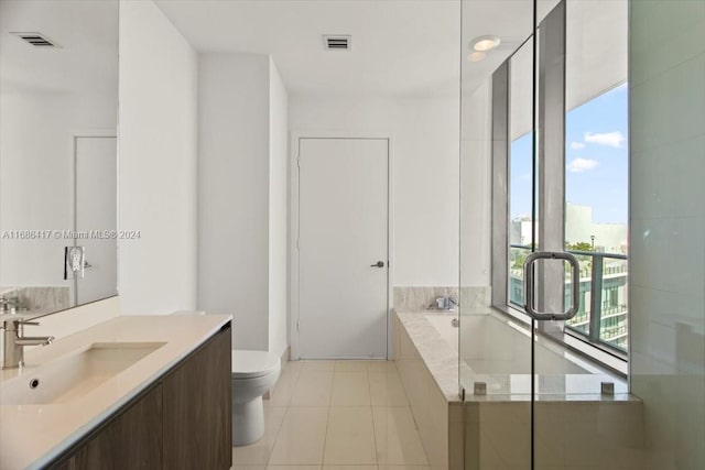 bathroom with vanity, a healthy amount of sunlight, toilet, and a washtub