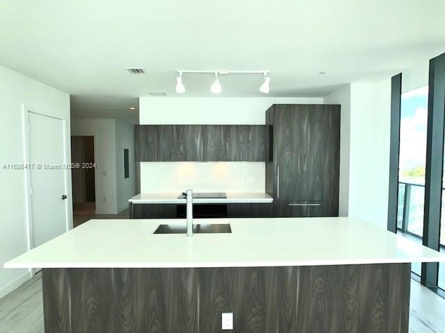 kitchen with a center island with sink, sink, dark brown cabinetry, and light wood-type flooring