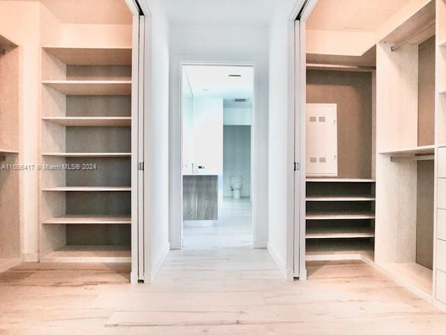 spacious closet with light hardwood / wood-style flooring