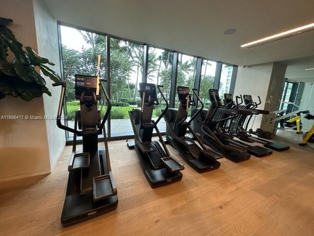 exercise room featuring light wood-type flooring