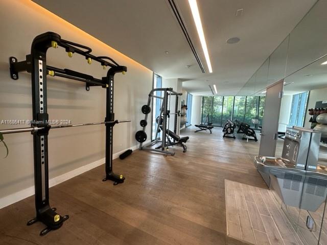 exercise room with wood-type flooring and floor to ceiling windows