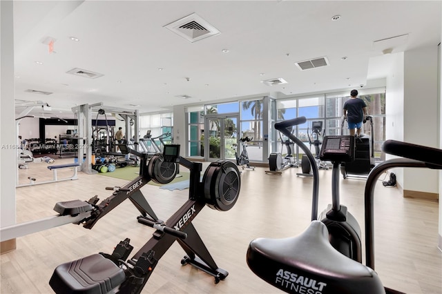 exercise room with expansive windows and light hardwood / wood-style flooring