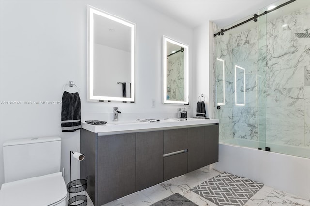 851 NE 1st Ave Unit 3302, Miami, FL 33132 - bathroom featuring marble look tiles, combined bath / shower with glass door, toilet, and double vanity