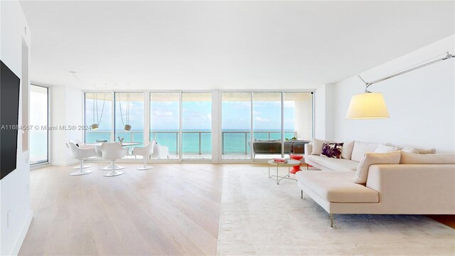 living room with a wall of windows, a wealth of natural light, a water view, and light wood-type flooring