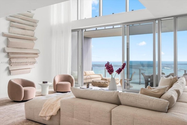 living room with a wealth of natural light and a water view