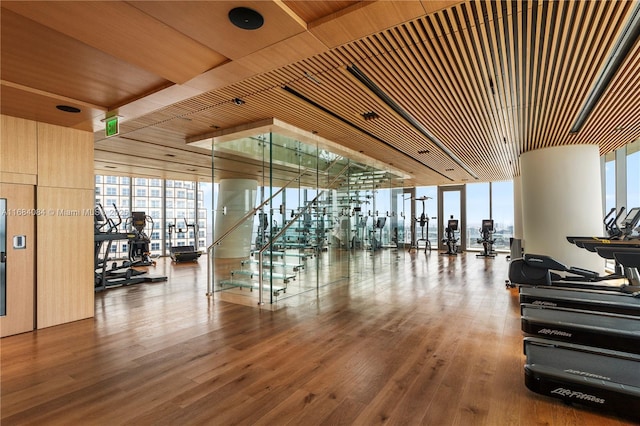 exercise room with a healthy amount of sunlight, wooden ceiling, a wall of windows, and wood finished floors