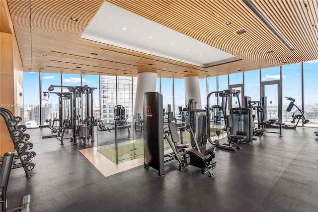 gym featuring a healthy amount of sunlight, expansive windows, and a city view