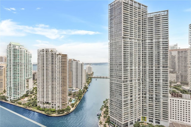 view of building exterior with a water view