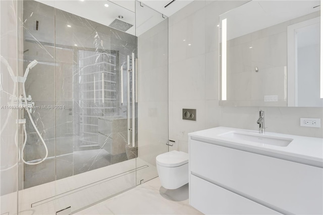 bathroom featuring vanity, an enclosed shower, toilet, and tile walls