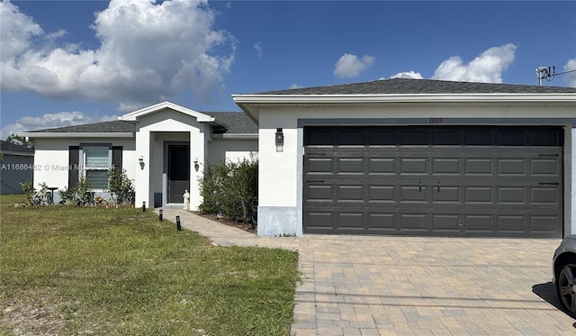 ranch-style home with a front lawn and a garage