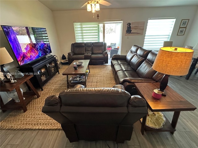 living room with hardwood / wood-style flooring, ceiling fan, and a healthy amount of sunlight