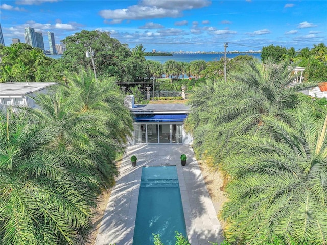 aerial view featuring a water view