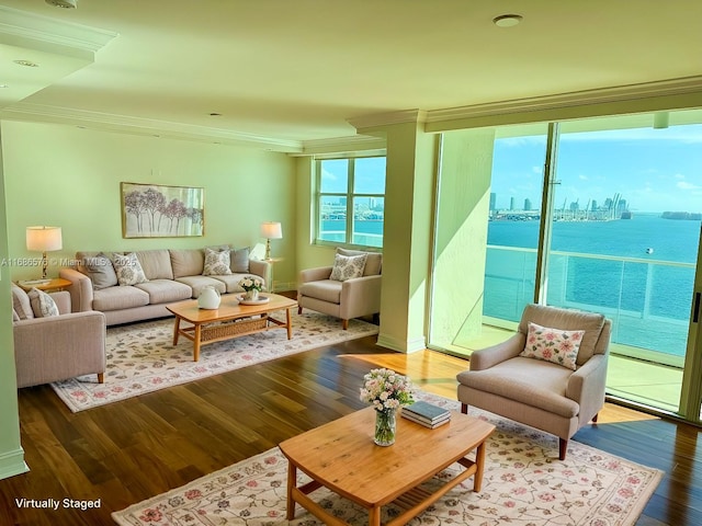 living room with a water view, hardwood / wood-style flooring, and crown molding