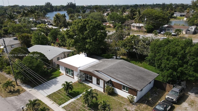 drone / aerial view featuring a water view