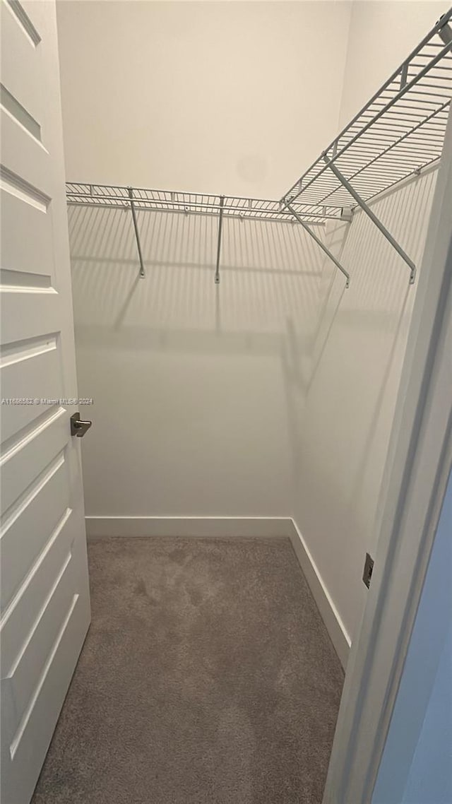 walk in closet featuring dark carpet