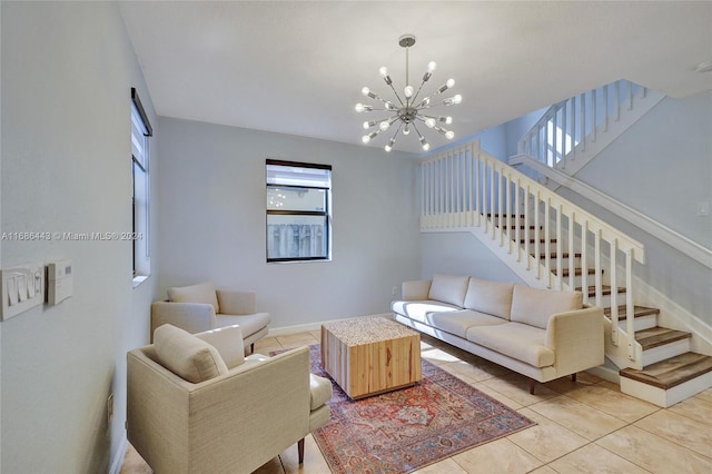 tiled living room with a chandelier