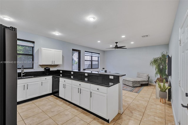 kitchen with white cabinetry, ceiling fan, sink, and kitchen peninsula