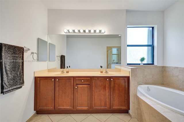 bathroom with vanity, plus walk in shower, and tile patterned floors