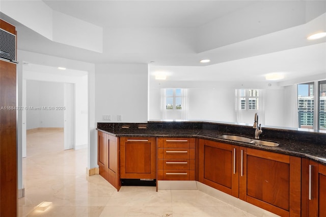 kitchen with dark stone counters, a raised ceiling, and sink