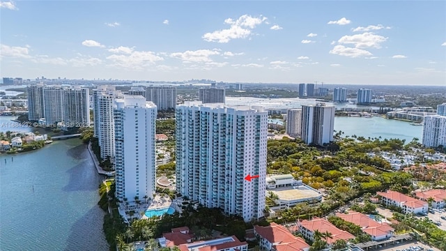 bird's eye view with a water view