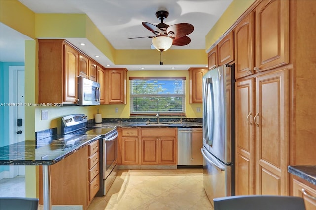 kitchen featuring sink, kitchen peninsula, ceiling fan, stainless steel appliances, and dark stone countertops