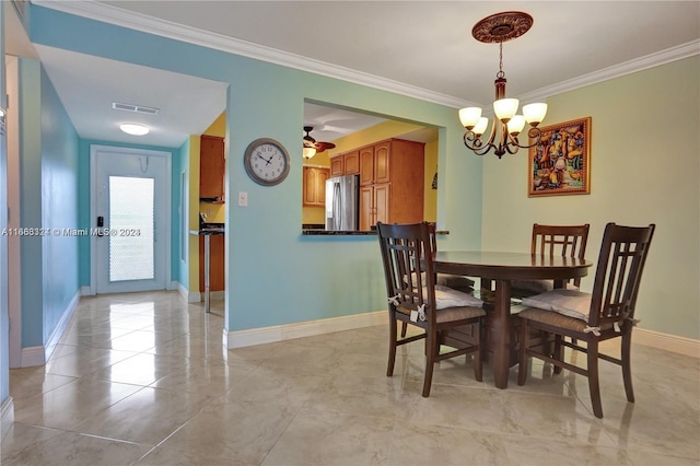 dining space with ornamental molding and ceiling fan with notable chandelier